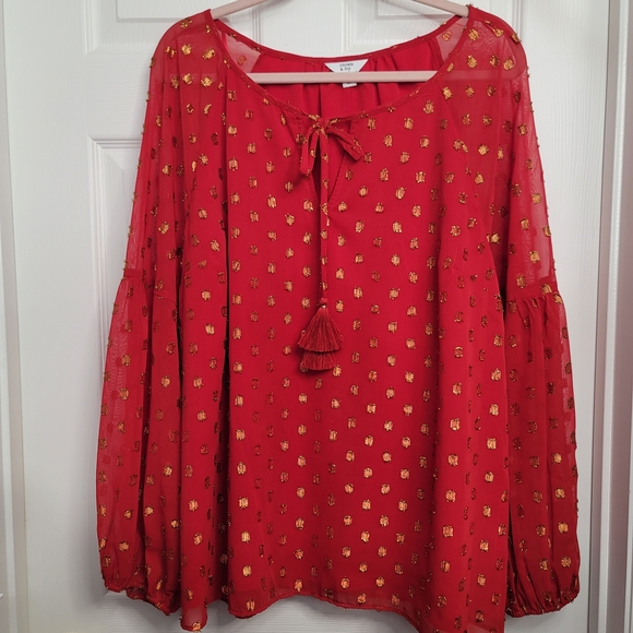 crown & ivy Tops - Crown & Ivy Red Blouse with Gold Accents Festive Holiday Top Shirt